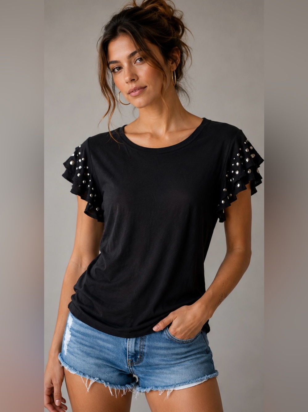 Y2K INC International Concepts Studded Flutter Sleeve Top Black Rayon Size S